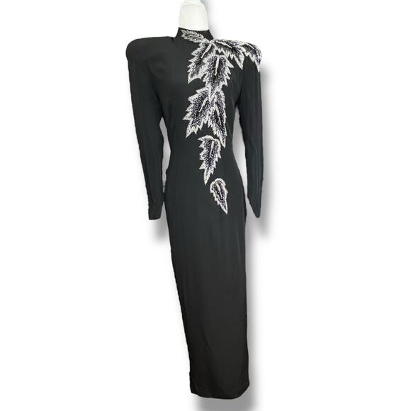 Vintage 80s Pavé Black Silk Metallic Beaded Evening Gown Long Sleeve Maxi Formal - Picture 12 of 12